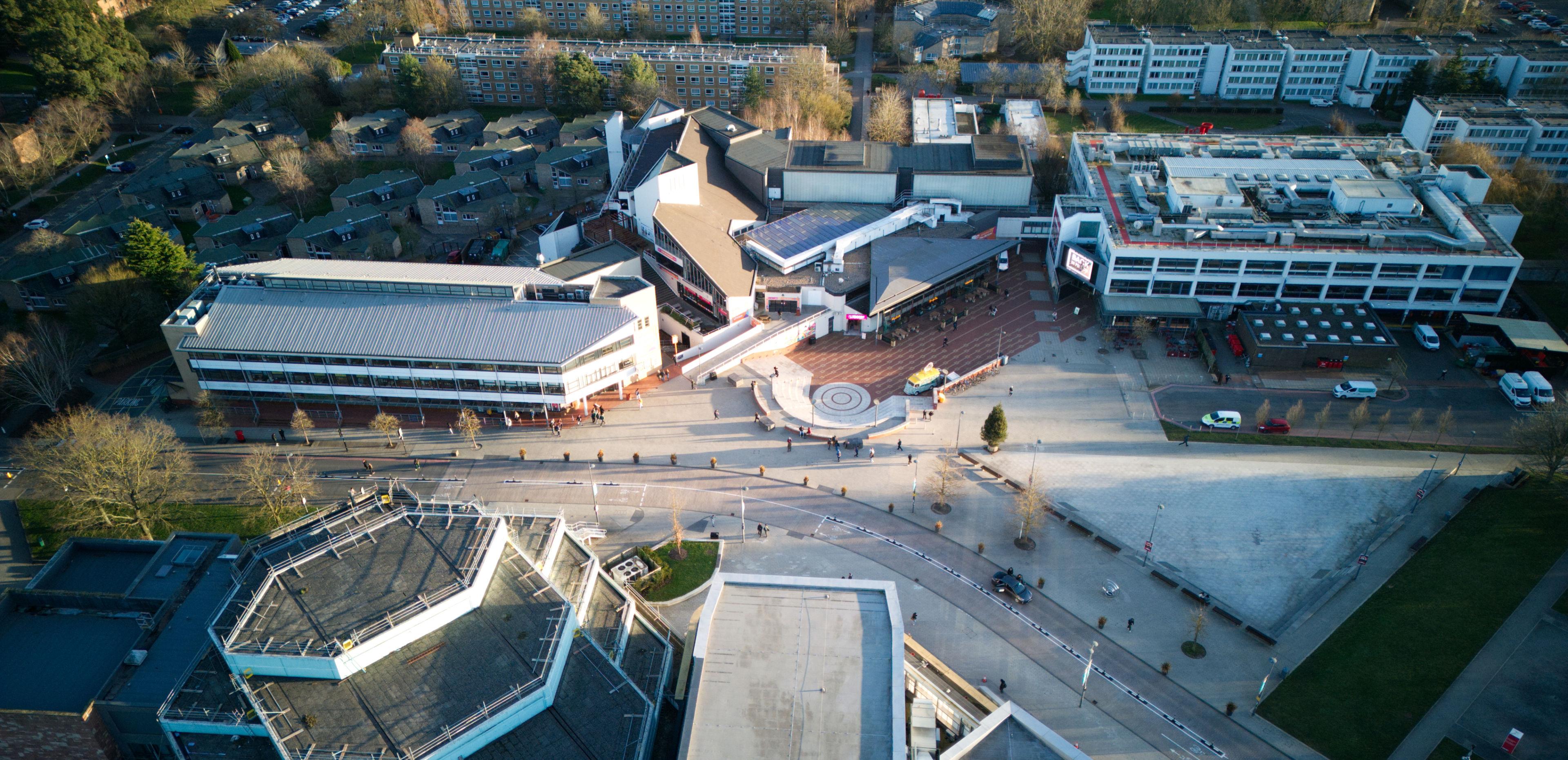 Aerial shot of the Warwick University piazza